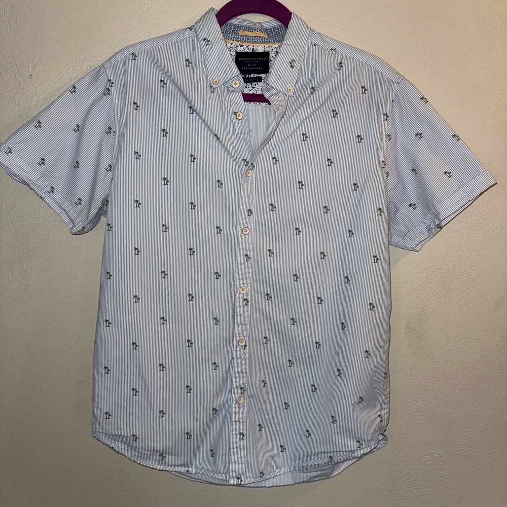 Denim & Flower Men’s Light Blue white stripe  Palm Tree Shirt